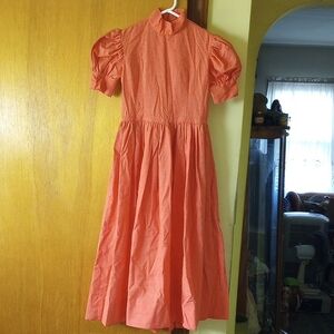 Vintage Handmade Coral Orange Midi Dress w/ Short Sleeves & High Neck